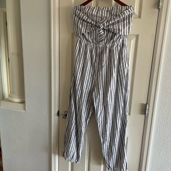 Aerie Strapless Blue and White Striped Jumpsuit - Picture 1 of 5